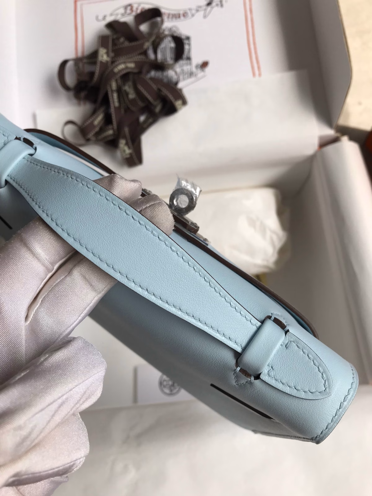 Hermes Kelly Pochette Handmade Bag In Blue Brume Swift Calfskin - Image 9