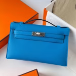 Hermes Kelly Pochette Handmade Bag In Blue Frida Swift Calfskin - Image 6