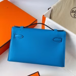 Hermes Kelly Pochette Handmade Bag In Blue Frida Swift Calfskin - Image 7