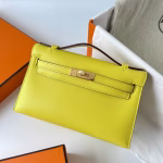 Hermes Kelly Pochette Handmade Bag In Lime Swift Calfskin - Image 8