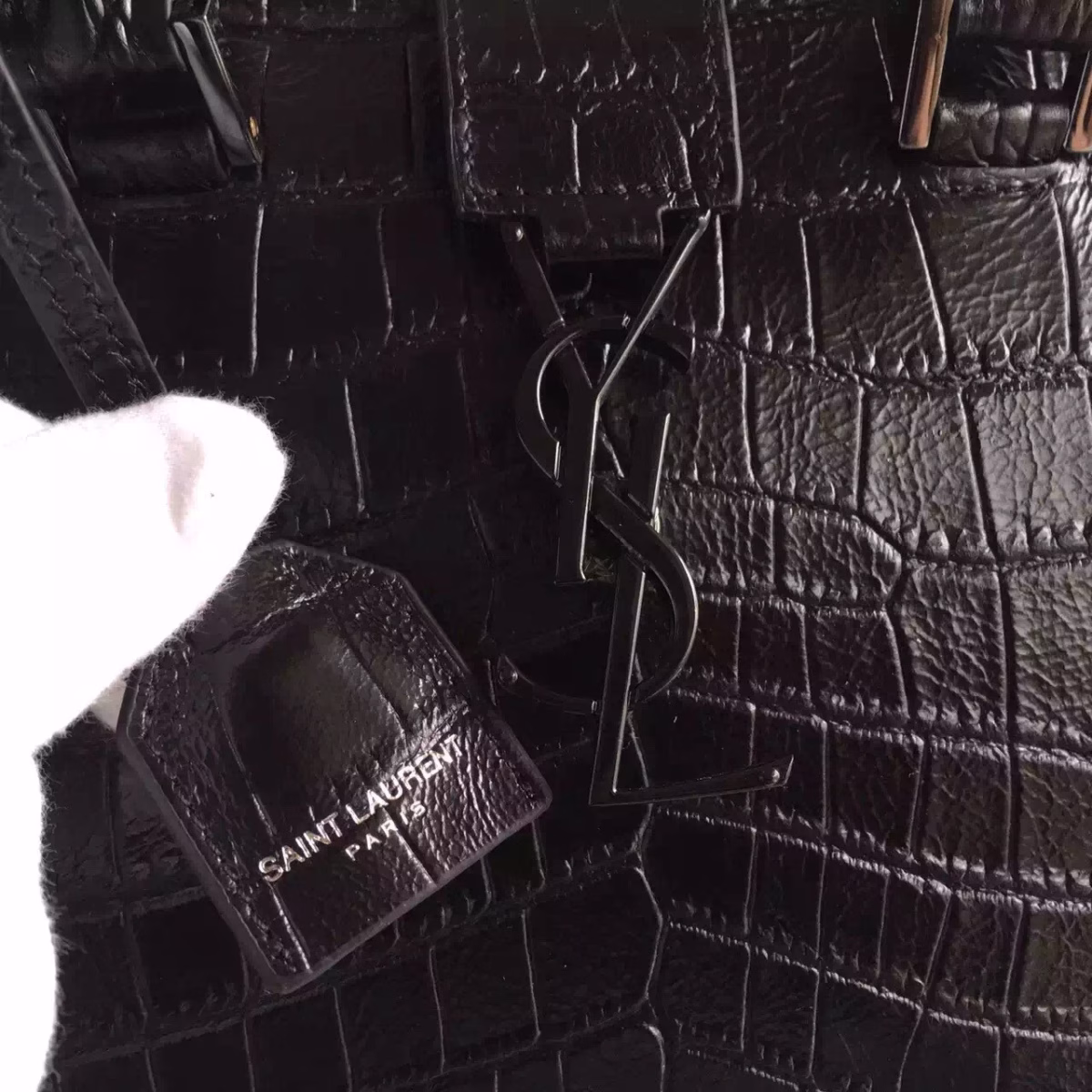 Saint Laurent Small Cabas YSL Bag In Black Crocodile Embossed Leather - Image 4