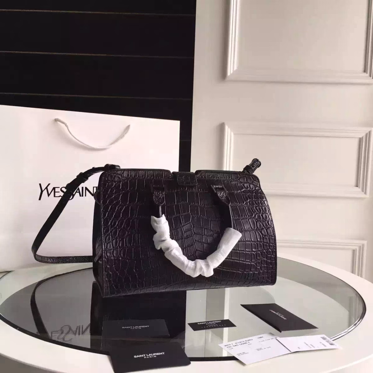 Saint Laurent Small Cabas YSL Bag In Black Crocodile Embossed Leather - Image 6