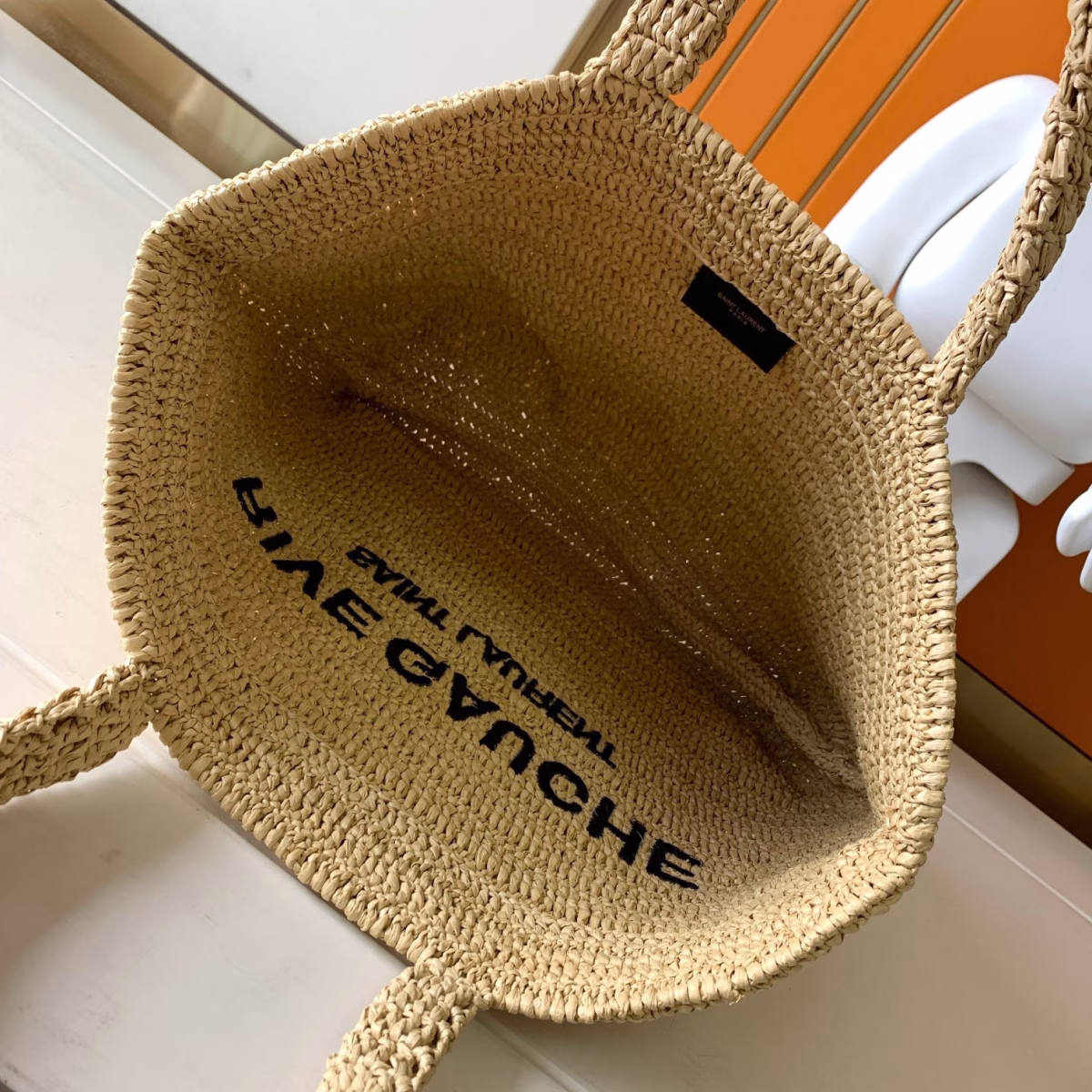 Saint Laurent Rive Gauche Tote Bag in Beige Raffia Crochet - Image 3