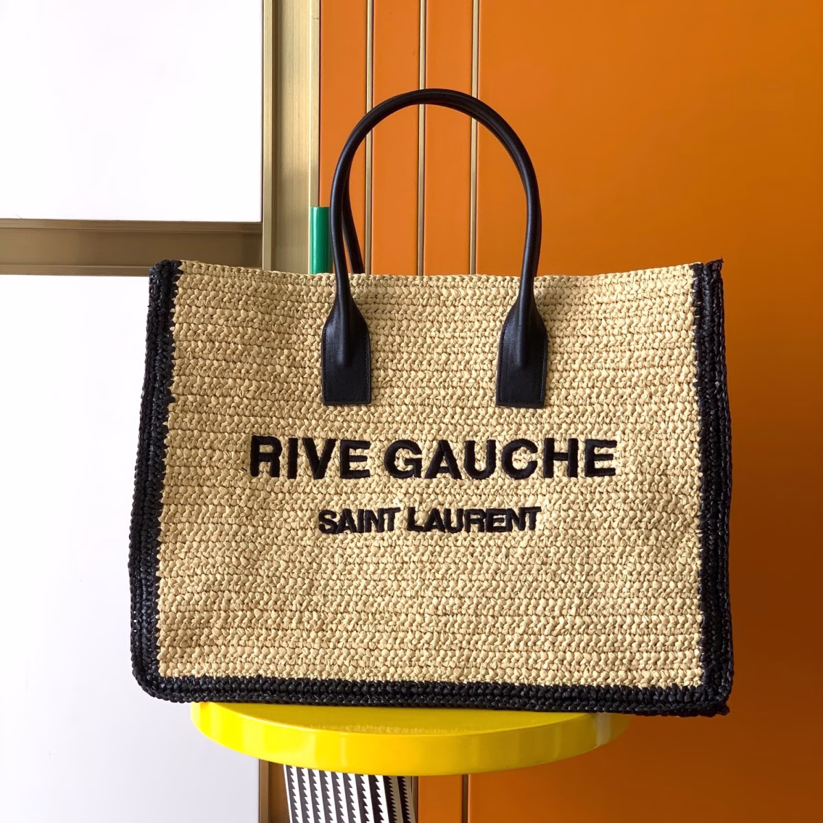 Saint Laurent Rive Gauche Tote Bag in Beige Raffia and Leather - Image 6