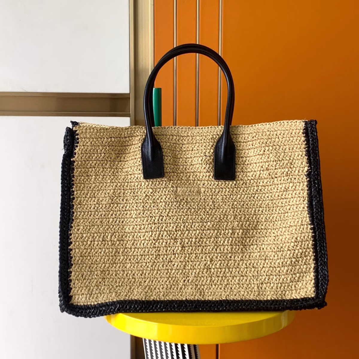 Saint Laurent Rive Gauche Tote Bag in Beige Raffia and Leather - Image 7