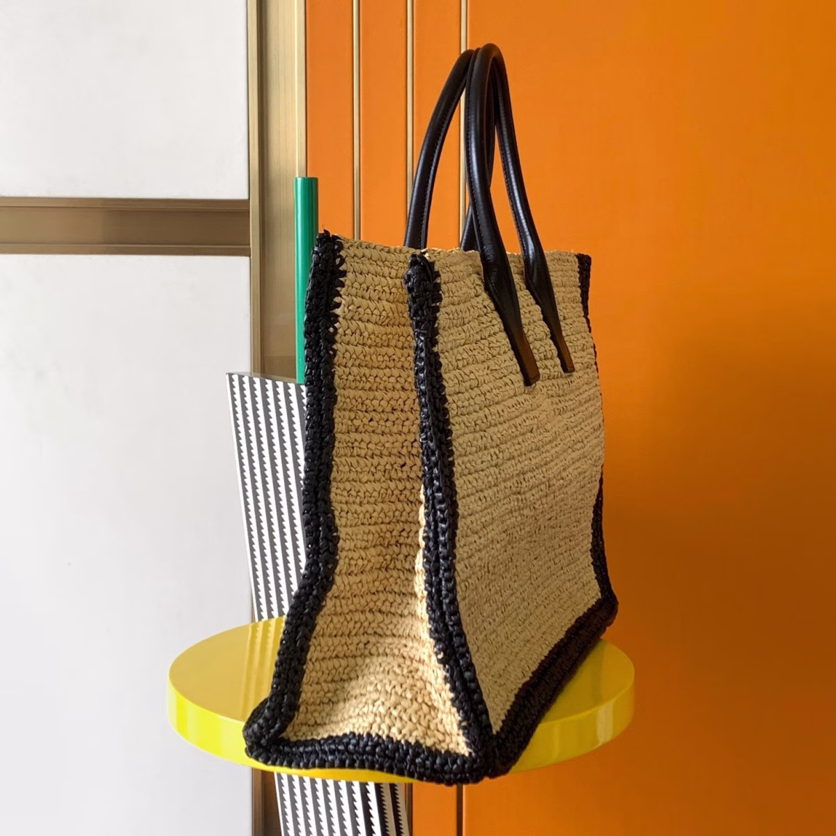 Saint Laurent Rive Gauche Tote Bag in Beige Raffia and Leather - Image 9