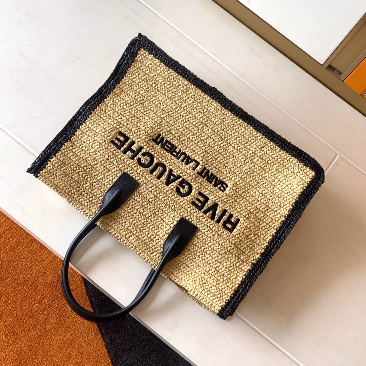 Saint Laurent Rive Gauche Tote Bag in Beige Raffia and Leather - Image 5