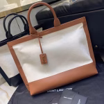 Saint Laurent Tag Shopping Bag In Canvas And Brown Leather - Image 5
