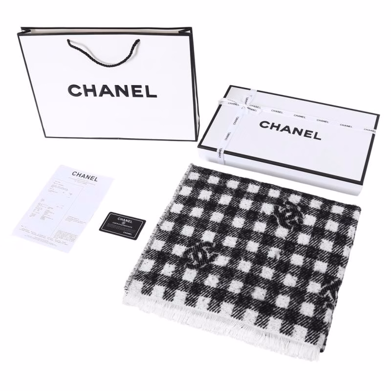 1 Chanel Gray-White Plaid Cashmere Scarf - Image 1