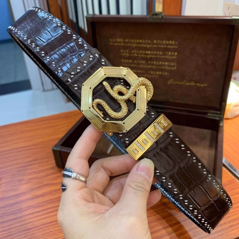 1 Stefano Golden Series Pure Gold Buckle Gold-Plated Crocodile Leather Belt - Image 1