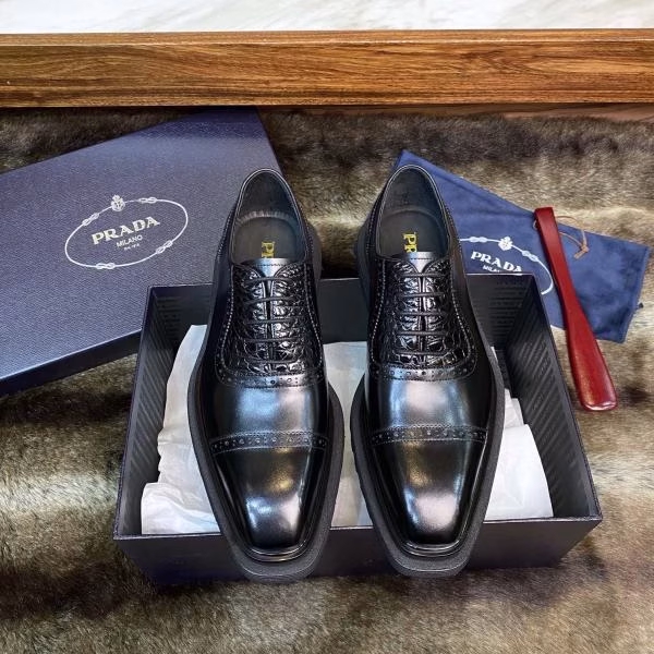 1 Prada's Latest Crocodile Belly Patchwork High-End Men's Platform Lace-Up Derby Shoes - Image 1