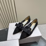 Jimmy Choo 2023 New Crystal Studded Bow Pointed-Toe Mary Jane Flats