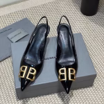 Balenciaga 2025 Spring/Summer New Pointed-Toe BB-Buckle Patent Leather Pumps with Open Back Sandals
