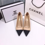 Chanel Beige Sheepskin Pattern Paneled Classic Color-Matching Versatile High-Heeled Shoes