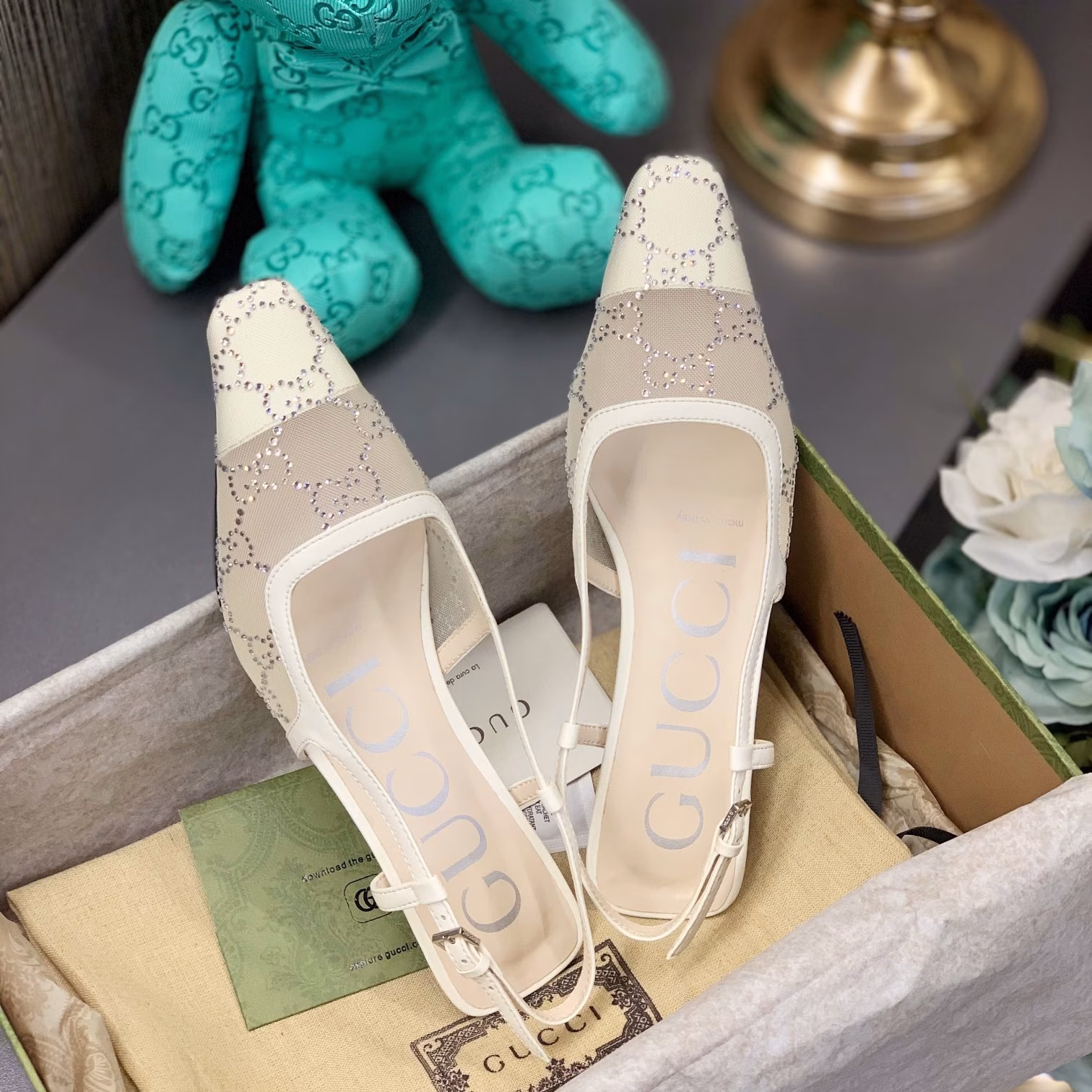 4 Gucci 2022 Spring/Summer New Style: Mesh Sandals with Rhinestones, Genuine Leather Sole & Small Square Toe - Image 1