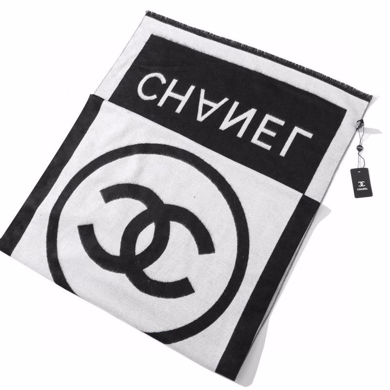5 CHANEL English Logo Shimmering Cashmere Double-Sided Scarf (Black & White) - Image 1
