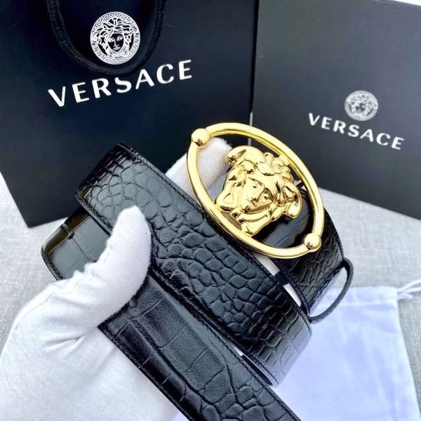 7 Versace Belt with Crocodile Pattern Leather Backing and Medusa Head Buckle - Image 1