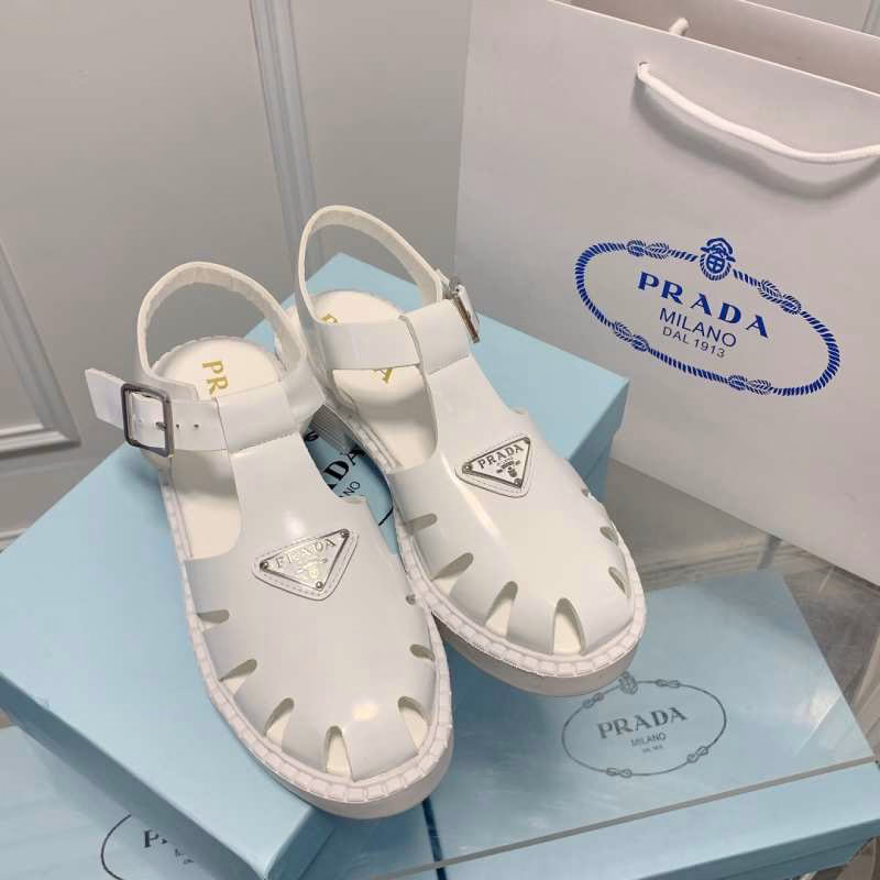 8 Prada Platform Wedge Sandals with Triangle Buckle - Image 1