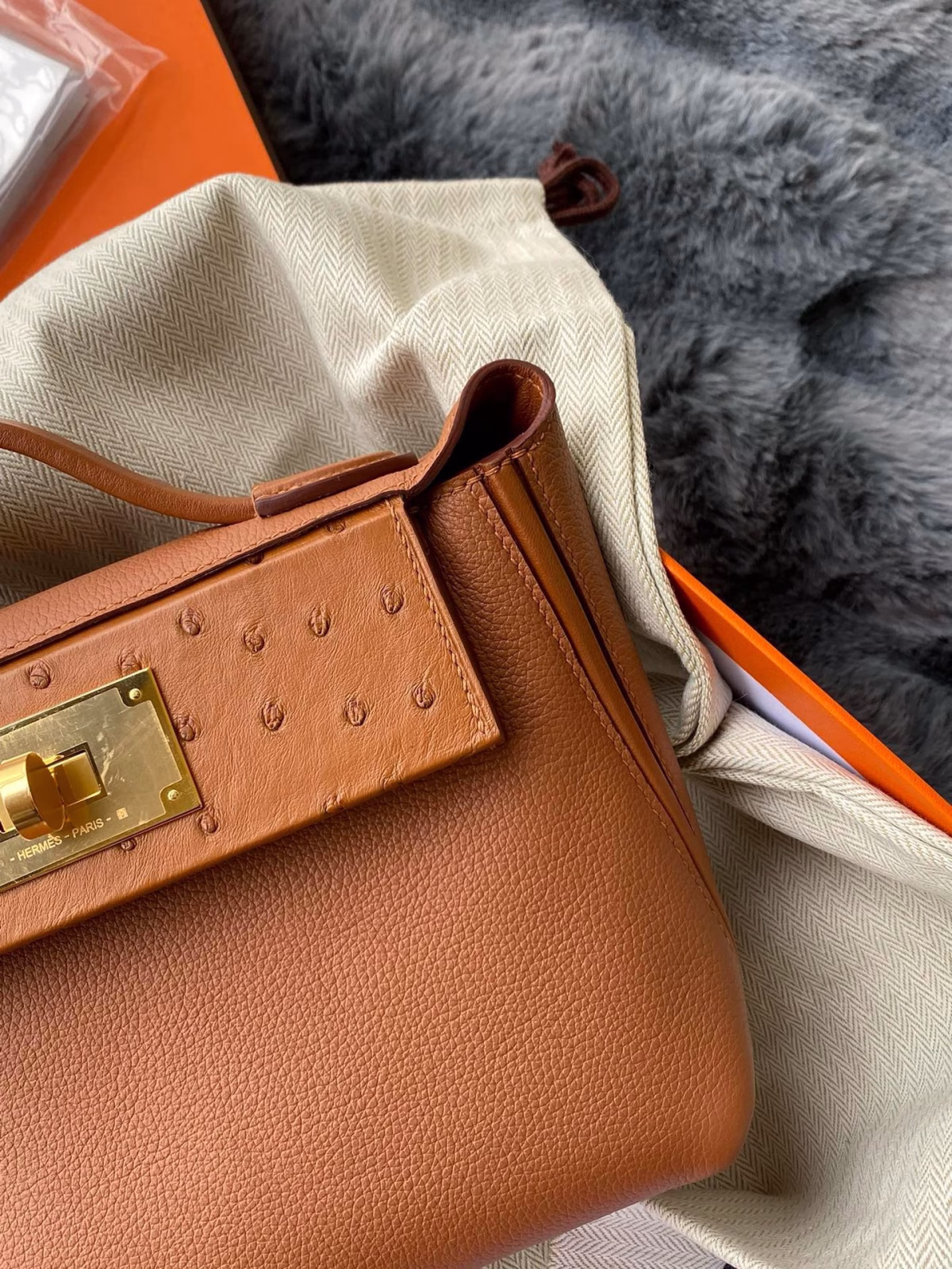 Hermes 24/24 Mini 21 Touch Bag in Gold Evercolor and Ostrich Leather - Image 4