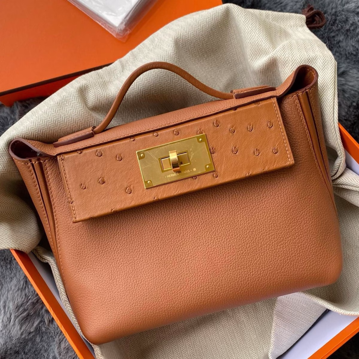 Hermes 24/24 Mini 21 Touch Bag in Gold Evercolor and Ostrich Leather - Image 1