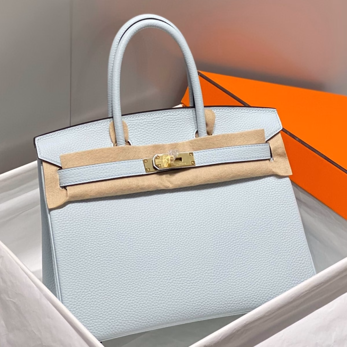 Hermes Birkin 30cm Bag In Blue Brume Clemence Leather GHW - Image 1