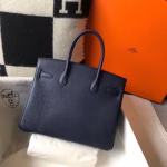 Hermes Birkin 30cm Bag In Dark Blue Clemence Leather - Image 7