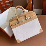 Hermes Birkin 25 Handmade Bag In Toile & Biscuit Swift Leather - Image 5