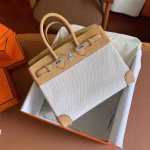 Hermes Birkin 25 Handmade Bag In Toile & Biscuit Swift Leather - Image 9