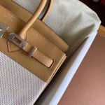 Hermes Birkin 25 Handmade Bag In Toile & Biscuit Swift Leather - Image 4
