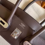 Hermes Birkin 25 Handmade Bag In Toile & Chocolat Swift Leather - Image 9