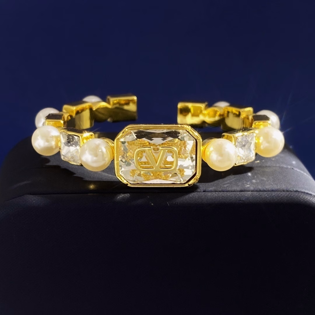 1 (2) Open Bangle with White Square Zircon Crystal and Pearl Zircon Design - Image 1