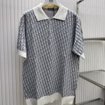 Dior Turn-Down Collar Oblique Monogram Jacquard Cashmere Knit Polo Short Sleeve
