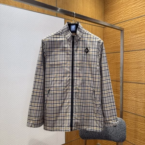 1 DIOR Checkered Stand-Collar Embroidered Long-Sleeve Coat - Image 1
