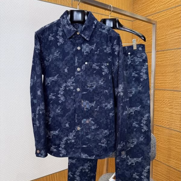 1 GUCCI Jacquard Single-Breasted Denim Long-Sleeve Top with Straight-Leg Pants Set - Image 1