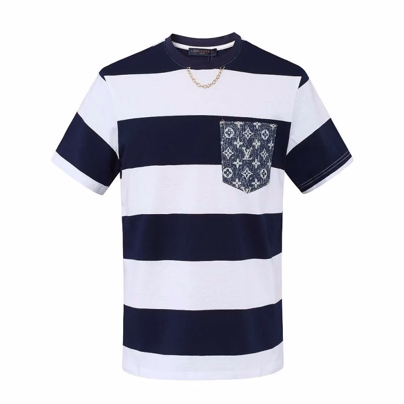 1 LV 2022 new striped pocket crewneck short-sleeve T-shirt - Image 1