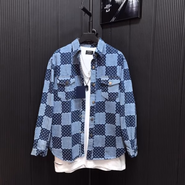 1 LV Positioning Jacquard All-Over Print Classic Checkerboard Letter Pattern Loose-Fit Couple Jacket - Image 1