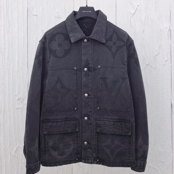 1 LV Louis Vuitton 2024 New Large Letter Floral Jacquard Washed Utility Denim Jacket Coat - Image 1