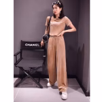 2022 Spring/Summer European-style New PRADA Rhinestone-Embellished Velvet Top + Velvet Rhinestone-Embellished Wide-Leg Pants Set