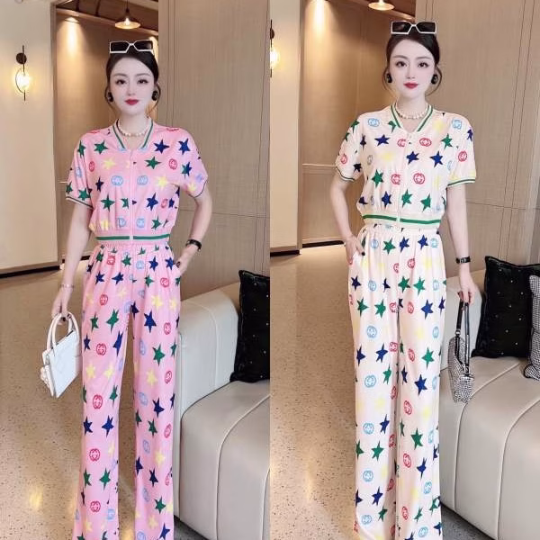 1 2022 Early Spring Gucci Printed Zip-up Waist-cinching Wide-leg Pants & Pure Cotton Short-sleeve Set - Image 1