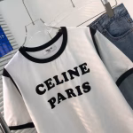 CELINE Black and White Contrast Color Flocked Letter Short-sleeve T-shirt - Image 4
