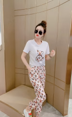 2022 Spring/Summer New LV Fashion Embroidered Crew Neck T-shirt Top + cuffed casual pants  Set - Image 9