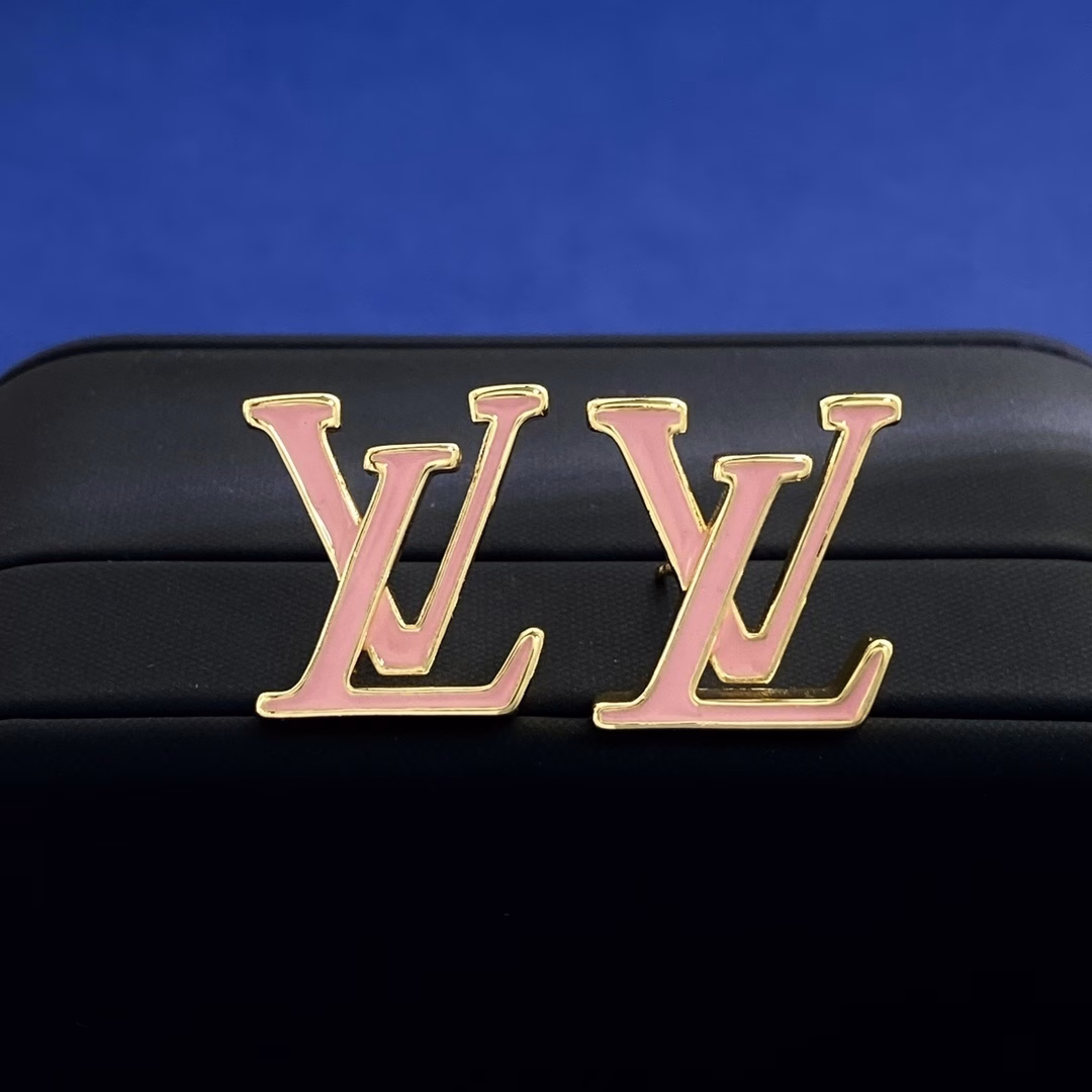 45b022e4 Louis Vuitton gold LV letter logo pink enamel oil drop earrings - Image 1