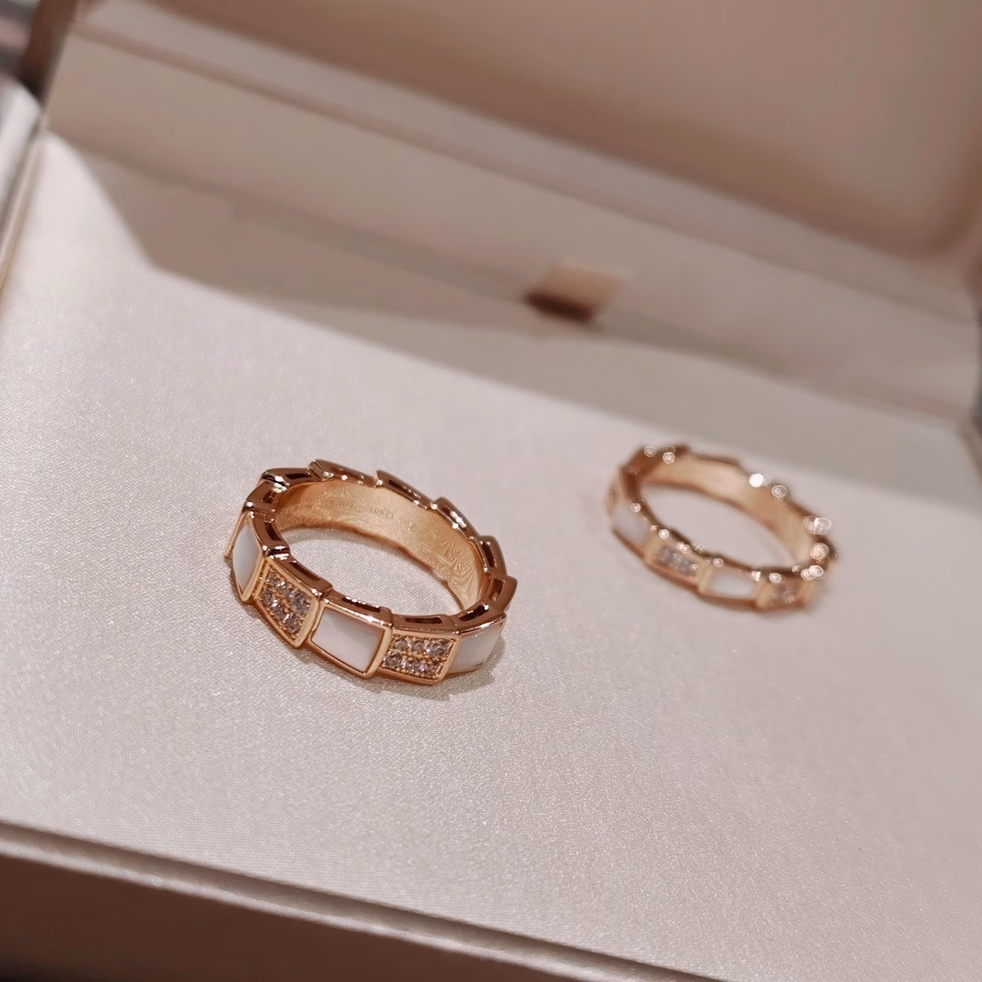 6 (3) Narrow version / Wide version White Mother-of-Pearl with Diamond-inlaid Serpentine Ring - Image 1