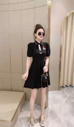 2022 Spring/Summer New Gucci Embroidered Polo-Collar Puff-Sleeve Fitted Waist Dress - Image 5