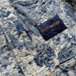 2023 Louis Vuitton LV Distressed Floral Rose Jacquard Heavy-Wash Fringed Denim Jacket - Image 4