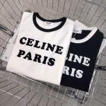 CELINE Black and White Contrast Color Flocked Letter Short-sleeve T-shirt