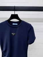 Prada 2025 Early Autumn New Metal Logo Short-Sleeve Fitted-Waist Dress - Image 3