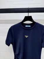 Prada 2025 Early Autumn New Metal Logo Short-Sleeve Fitted-Waist Dress - Image 4