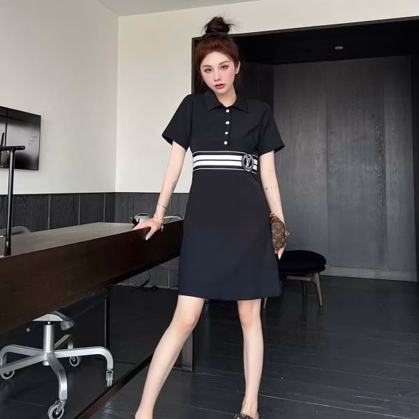 3 LV Ribbed-paneled Black Large Logo Dress - Image 1