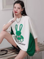 LV European-style Fashionable Cartoon Printed Rhinestone-Embellished Color-Block Loose Mid-Length Short-Sleeve T-shirt - Image 9